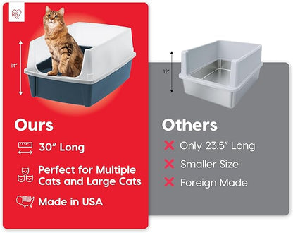 IRIS USA XX-Large Open Top Cat Litter Box with High Sided Walls Tall Scatter Shield Scoop Included Easy Clean Plastic Pan for Big Cats Kittens Multi-Cat Households 30"L x 20"W x 14"H Navy