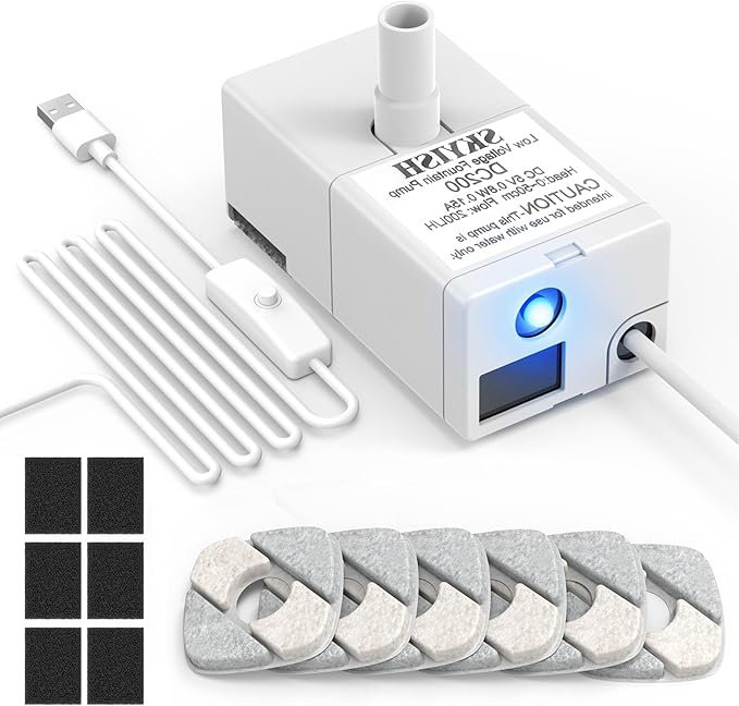 Cat Water Fountain Pump for 50oz, 95oz Fountain, Ultra Quiet, USB Cable, LED Light and 6 Pack Pet Fountain Filters