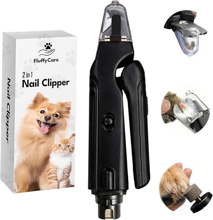 2-in-1 Dog Nail Clippers & Cat Nail Clipper with 2 LED Lights, USB Rechargeable with Safety Guard, Low Noise Grooming Tool for Small, Medium & Large Dog and Cat Nail Trimmer (Black)