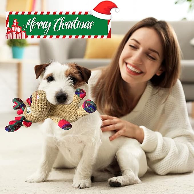 Christmas Squeaky Plush Dog Toys for Small Medium Large Dogs, Durable and Indestructible Dog Christmas Toys, Cute Reindeer Squeaky Dog Toys,Teeth Cleaning and Interactive Puppy Toys