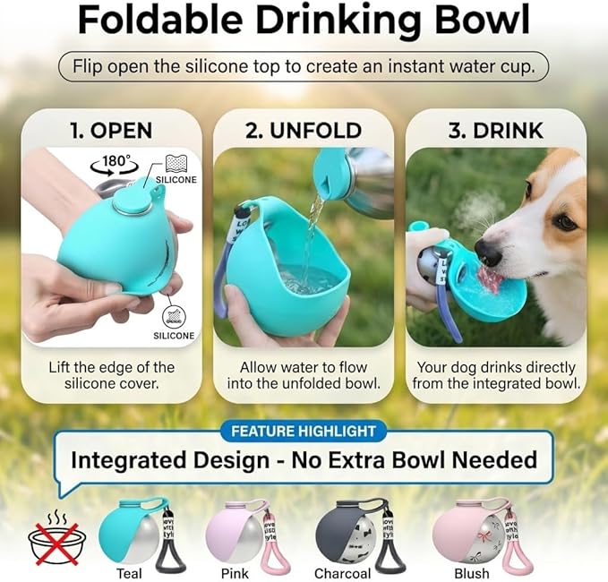 2 in 1 Portable Dog Water Bottle for Small Pet, Travel Foldable Bowl Dispenser, Outdoor Walking Collapsible Feeder, Leak-Proof Silicone Puppy Drinking Tumbler 285ml Gear Supplies