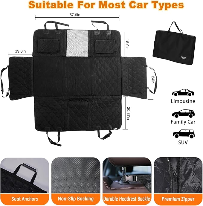 Back Seat Extender for Dogs, Hard Bottom Dog Car Seat Cover, Waterproof Car Hammock for Dogs, Back Seat Cover for Dogs, Car, SUV, Small Truck (Black, Large)