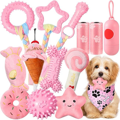 14 Pack Puppy Teething Toys, Chew Toys for Small Dogs Puppy Toys Pink Dog Stuff with Soft Rubber Balls and Colorful Ropes for Small Breed Interactive Accessories(Pink)