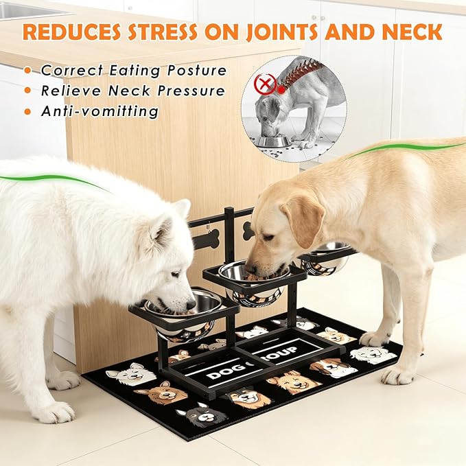 Elevated Dog Bowls for Large Dogs, 6 Height Adjustable Raised Stand with Mat, Two Signature Cards and Three 1700ML Bowls, for Large Breed and Multi-Pet Households
