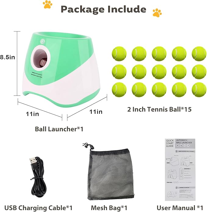 Dollate Automatic Ball Launcher for Small Dogs,Interactive Toys Dog Ball Thrower Machine with 10-30Ft 3 Launching Distance,Indoor & Outdoor with 15 Mini Tennis Balls (2 inch),Green