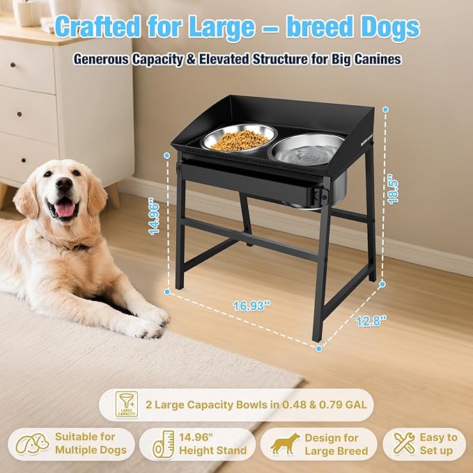 Bobbie & Laxi Elevated Dog Bowls for Large Dogs, 15-inch Tall Raised Dog Bowl Stand with Plastic Guard, Tilted Spill Proof Dog Bowl Design, Stainless Steel Food and Water Bowls for Mess-Free Floors