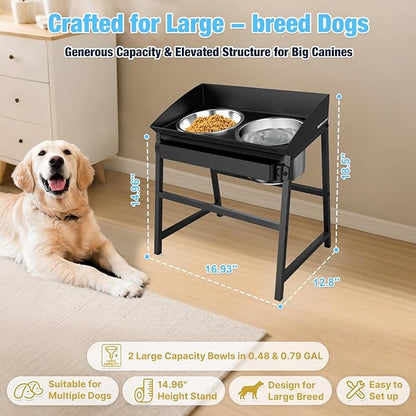 Bobbie & Laxi Elevated Dog Bowls for Large Dogs, 15-inch Tall Raised Dog Bowl Stand with Plastic Guard, Tilted Spill Proof Dog Bowl Design, Stainless Steel Food and Water Bowls for Mess-Free Floors