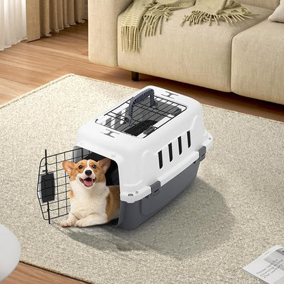 18 Inch Hard-Sided Plastic Dog Carrier 2 Door Travel Crate for Small Dogs Cats up to 10 lbs, Durable Handle, Security Lock Design, Gray