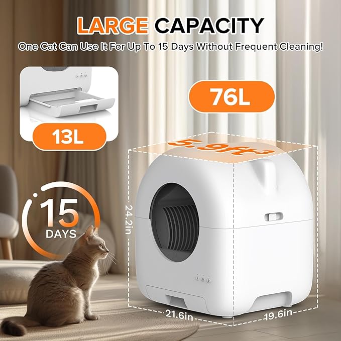 Self Cleaning Litter Box, Automatic Cat Litter Box with APP Control Safety Sensor Low Noise,Litiere Pour Chat Autonettoyant,76L Large Capacity for Multiple Cats,Roll Poop Bags with Deodorizer