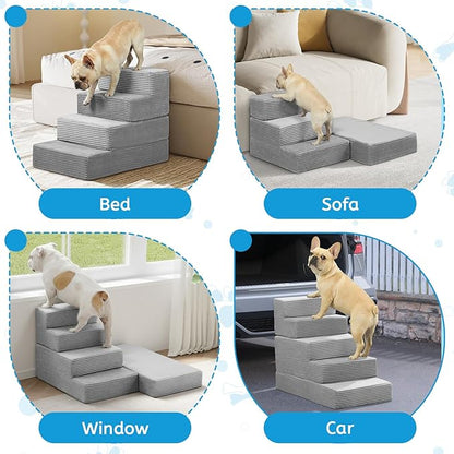 Dog Stairs for Small Dogs, 5 Step Pet Stairs for High Beds and Couch, Dog Steps for Bed Balanced 22.4" H, Foldable Pet Ramp for Large Cats Climb, Non-Slip Bottom Doggy Step, Light Grey