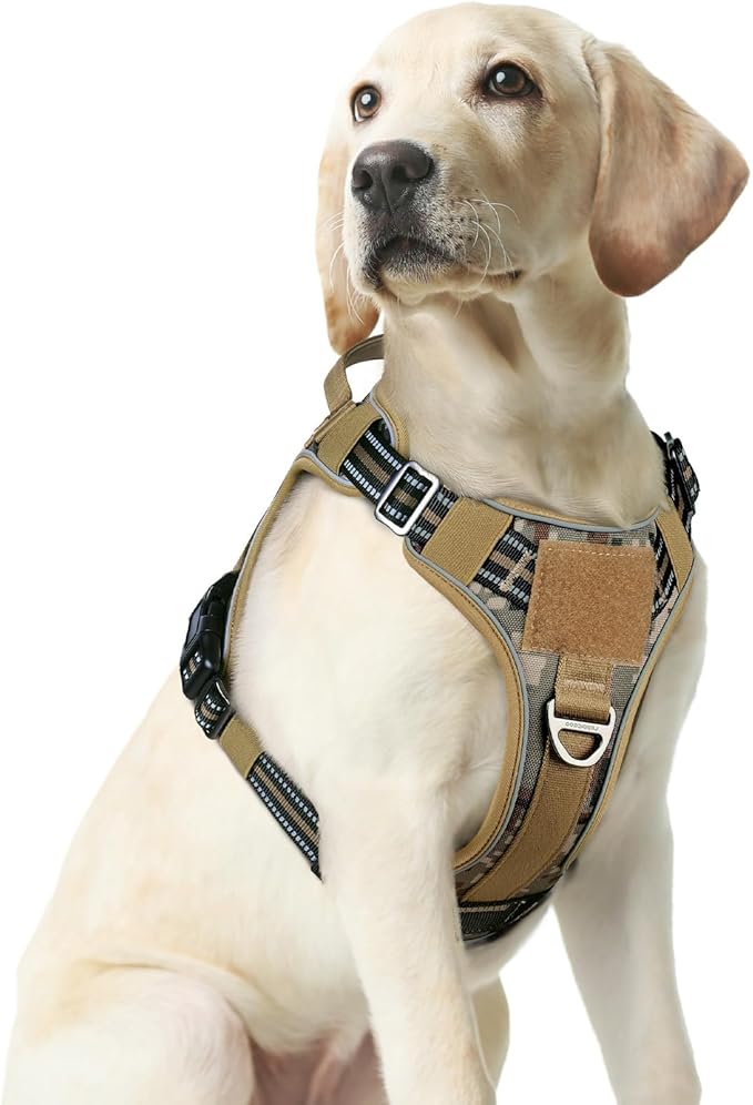 rabbitgoo Dog Harness Medium Sized No Pull, Tactical Service Pet Vest with Molle and Control Handle, Adjustable and Reflective Military Harness for Easy Walking and Training, Desert camo, M
