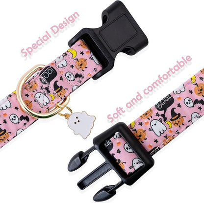 Faygarsle Halloween Fall Dog Collar - Fashionable & Cute for Small to Large Dogs - Pink Cotton Collar with Spectre Pumpkin Pattern - XS