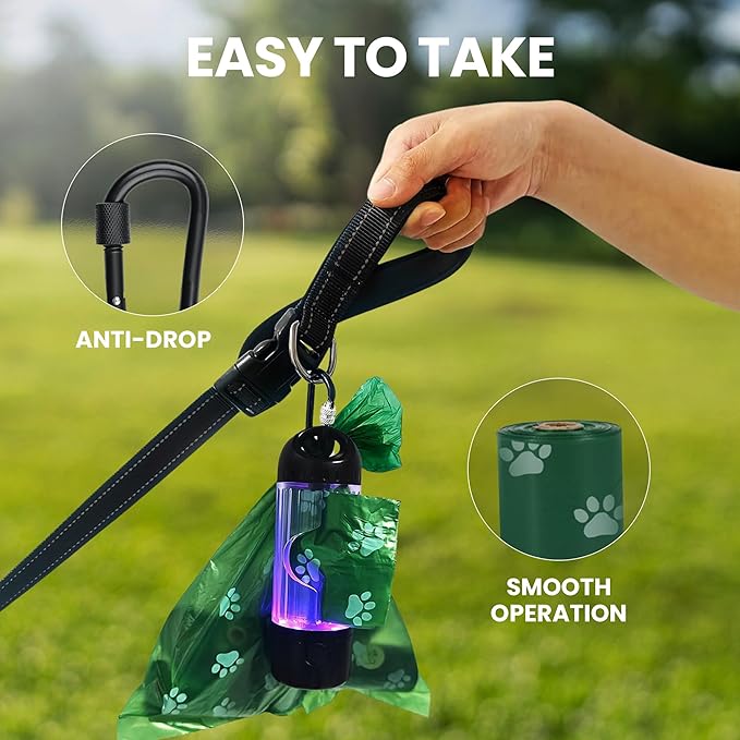 Dog Poop Bag Dispenser with LED Flashlight & 45 Bags (3 Rolls) – USB-C Rechargeable, Waterproof, Anti-Slip Clip, Hands-Free Dog Waste Bag Holder for Night Walks & Outdoor Adventures