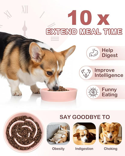 TRUVIC Ceramic Slow Feeder Dog Bowls, 1.5 Cup Puzzle Slow Feeder Bowls for Fast Eaters, Ceramic Dog Food Dish no Black Chin, Puzzle Bowl for Medium Dogs, Pink