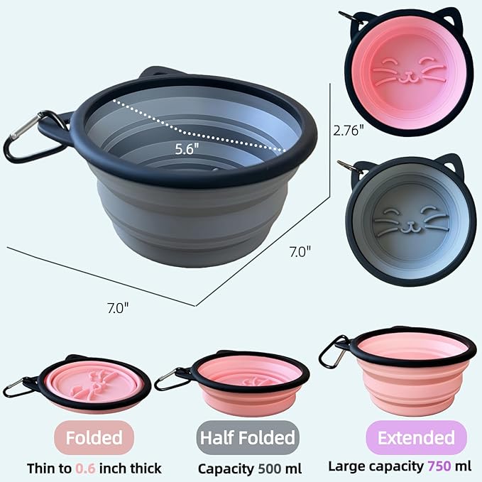 2 Pack Collapsible Silicone Dog Bowls, 25oz Portable Food Water Bowls for Medium/Large Dogs, Pet Camping Travel Essentials (Pink/Gray)