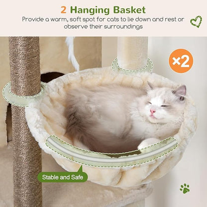 Globlazer Cat Tree Tower for Indoor Cats, Sturdy Adult Cat Tree House for Large Adult Cats with 2 Platform, 6 Cat Scratching Post, 2 Cat Caves, Dangling Toys, S63, 63 inch, Beige
