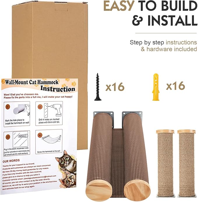 Wall-Mounted Cat Hammock & Shelves Set with 2 Steps - Premium Cat-Wall Furniture for Indoor Cats, Climbing, Lounging - Durable Multi-Level Perch for Large Cats (Brown)