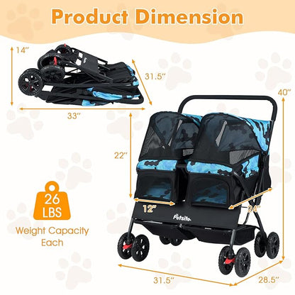 PETSITE Double Pet Stroller, Foldable Double Dog Stroller with 2-Seater Carrier, Adjustable Sunshade, Removable Pad, Safety Belt, Storage Basket, 4-Wheel Pet Travel Cart for 2 Puppies & Cats (Navy)