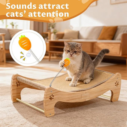 Cat Scratcher Bed with Interactive Carrot Toy - 3-in-1 Wooden Sisal Scratching Pad, Hammock Lounge & Play Center for Indoor Cats - Furniture Protector, Solid Wood Frame (Extra Large)