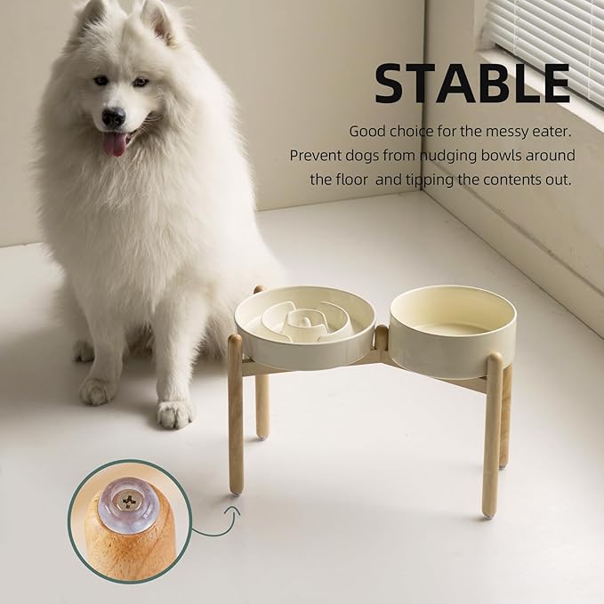 3.2 Cup Ceramic Raised Slow Feeder Dog Bowl Set, Elevated 8.2inch Bowl and 9.5inch Puzzle Slow Food Dish with Wooden Stand for Large Dog, Anti-Gulping (2 xLight Yellow+ Stand)