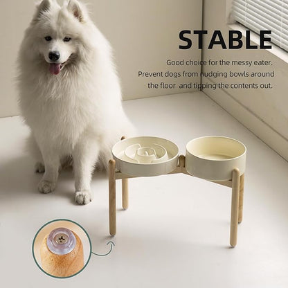 3.2 Cup Ceramic Raised Slow Feeder Dog Bowl Set, Elevated 8.2inch Bowl and 9.5inch Puzzle Slow Food Dish with Wooden Stand for Large Dog, Anti-Gulping (2 xLight Yellow+ Stand)