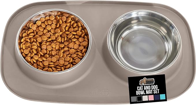 GORILLA GRIP Feeding Mat Bowl Set, 4 Cup 100% Waterproof BPA Free Silicone Base, 304 Stainless Steel Cat and Dog Bowls for Food and Water, Slip Resistant, High Edge, US Designed, Patent Pending, Beige