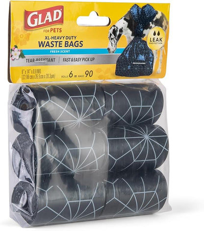 Glad for Pets Extra Large Scented Dog Poop Bags, Heavy Duty Tear-Resistant Pet Waste Pickup Bags with Fresh Scent, Easy-Tie Handles for Walking, Camping, Travel, 90 Count