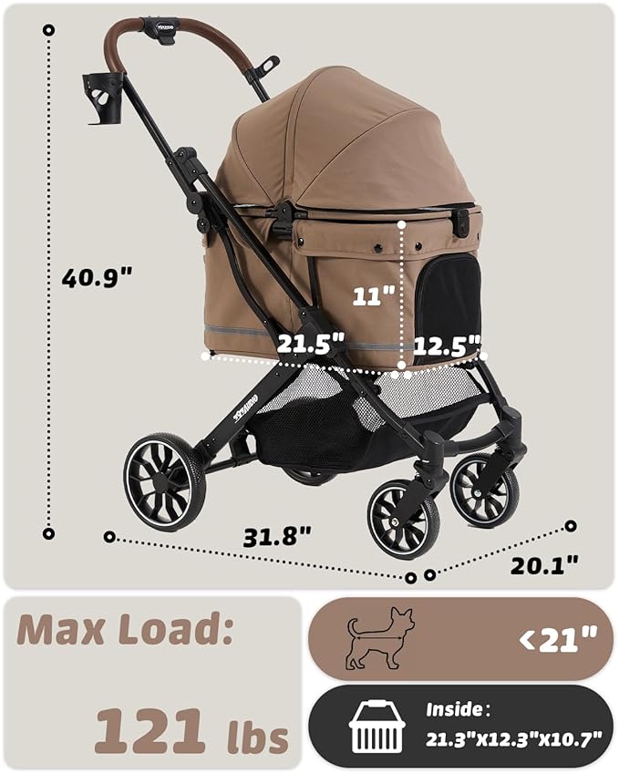 797Audio Dog Stroller for Small Medium Dogs,Pet Stroller for Cats Puppy Up to 121lbs,Foldable,One Click Folding,4 Wheel Shock Absorption,Adjustable Canopy with Sun Shades,Removable Washable Pad(Brown)