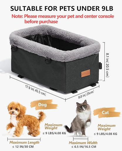 BurgeonNest Center Console Dog Car Seat for Small Dogs up to 9lbs - Sturdy Metal Frame Anti-Collapse Pet Booster Seat for Car Armrest, Dual Safety Belts & Washable Cushion, Grey