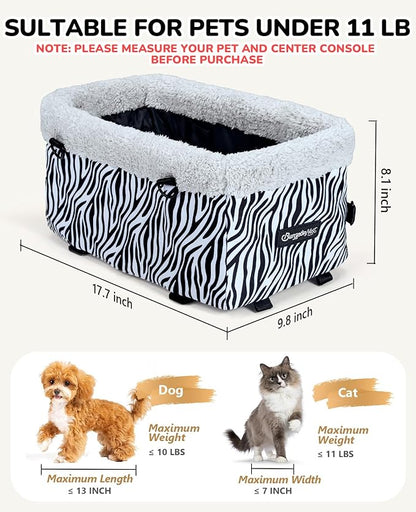 Center Console Dog Car Seat, Puppy Carseat for Small Dogs, Cat Car Seat with Metal Frame and Double Protection Seat Belts, Pet Booster Seat with Washable Cushion and Clip-on Leash Cute Zebra Print