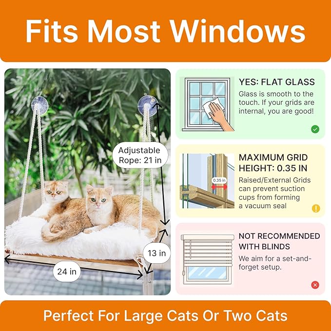 Large Cat Window Perch with Industrial-Grade Suction Cups - Solid Pine Wood Hammock Bed, Soft Cushion - 42 lb Capacity for Heavy Cats Inside