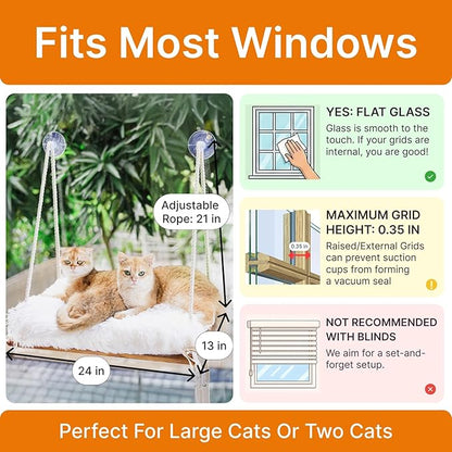 Large Cat Window Perch with Industrial-Grade Suction Cups - Solid Pine Wood Hammock Bed, Soft Cushion - 42 lb Capacity for Heavy Cats Inside