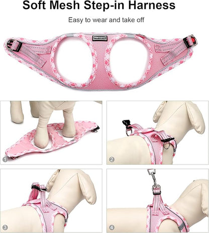 Mercano Soft Mesh Dog Harness and Leash Set, No-Chock Step-in Reflective Breathable Lightweight Easy Walk Vest Harnesses with Safety Buckle for Small Dogs, Cats (Pink, XS)