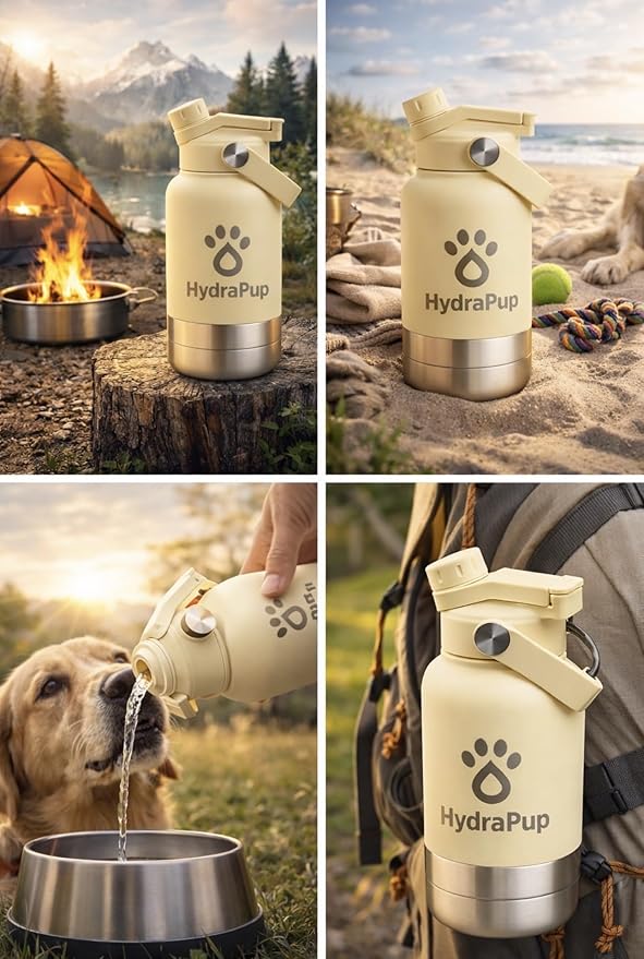 32oz Insulated Water Bottle with Dog Bowls – Human & Pet Shared Use, Stainless Steel Leakproof Travel Bottle (Sand Beige)