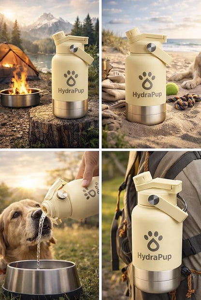 32oz Insulated Water Bottle with Dog Bowls – Human & Pet Shared Use, Stainless Steel Leakproof Travel Bottle (Sand Beige)