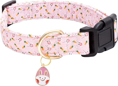Faygarsle Cute Easter Collar for Small Medium Large Dogs Girl Boy Female Male Dog Pink Cotton with Adorable Rabbit Print Easter Puppy Collar with Easter Egg Charm S