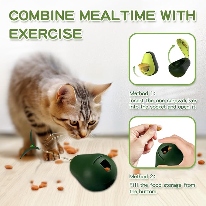 3-in-1 Catnip Toys for Cats with Feather Cat Toy Wand & Cat Treat Dispenser, Tumbler Interactive Christmas Cat Toys for Indoor Cats, Avocado Cat Puzzle Feeder, Funny Kitten Treats