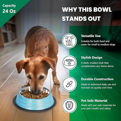 Iconic Pet Color Splash Stripe Non-Skid Stainless Steel Dog & Cat Bowl - Blue, 24 Oz, 3 Cup, Durable, Easy to Clean, Anti-Slip Feeding Dish for Food & Water, Stylish Design for Dogs and Cats