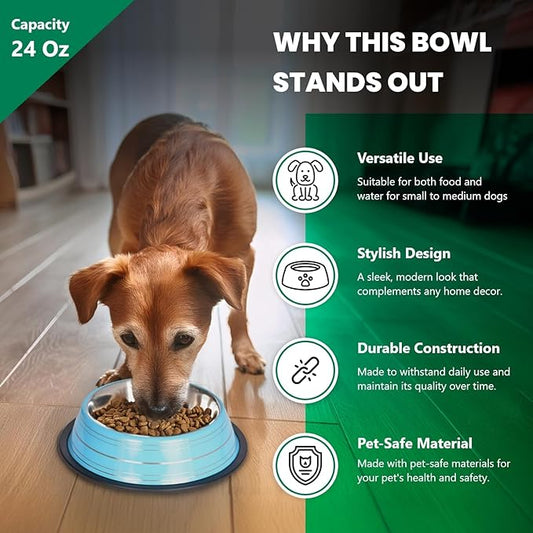 Iconic Pet Color Splash Stripe Non-Skid Stainless Steel Dog & Cat Bowl - Blue, 24 Oz, 3 Cup, Durable, Easy to Clean, Anti-Slip Feeding Dish for Food & Water, Stylish Design for Dogs and Cats