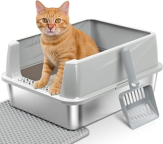 Stainless Steel Litter Box with Lid, Metal Litter Box High Sides, Low Entry Litter Boxes with Scoop and Mat,Non-Stick,Anti-Leakage,Easy to Clean Litterbox for Small to Medium Cats