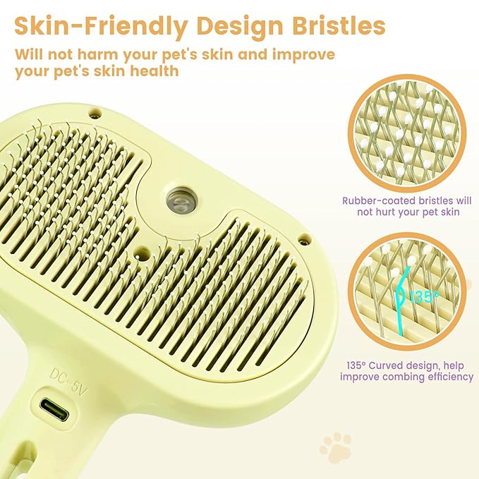 3 in 1 Cat Steam Brush, Pet Spray Hair Removal Comb for Shedding & Grooming, Water Brush for Cats Dogs Small Animals Long Short Haired with One-Click Release Button(Yellow)