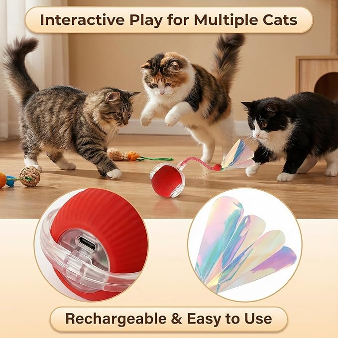 JBD Interactive Cat Toy Ball for Indoor Cats - Silent Automatic Rolling & Self Moving Electric Kitten Toys, USB Rechargeable Smart Ball with Tail, Motion Activated Hunting Exercise for Bored Cats Red
