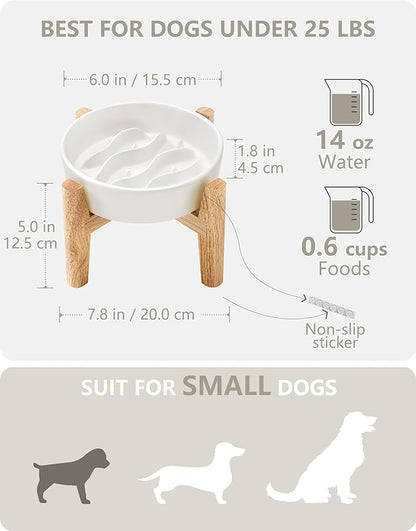 Ceramic Slow Feeder Dog Bowls Elevated, 0.6 Cup Dog Slow Feeder for Small Dogs, Puzzle Maze Bowl, 14oz, 6in, White