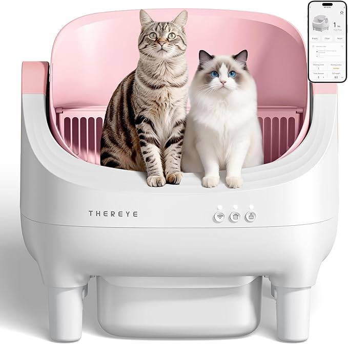 Thereye Self Cleaning Cat Litter Box, Open-Top Automatic Litter Box with APP Control, Safety Sensor and 10L Large Waste Bin, Smart Kitty Litter Boxes with Trash Bags and Mat for Multiple Cats