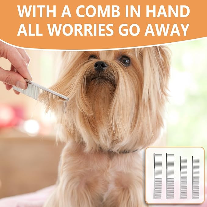 4 Pcs Stainless Steel Pet Comb Set, Dematting Grooming Tool for Dogs and Cats, Medium and Small Size Combs for Daily Home Detangling Long Short Animal Hair, for Pet Owner and Home Grooming