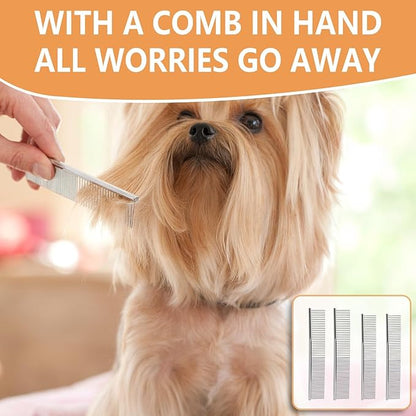 4 Pcs Stainless Steel Pet Comb Set, Dematting Grooming Tool for Dogs and Cats, Medium and Small Size Combs for Daily Home Detangling Long Short Animal Hair, for Pet Owner and Home Grooming