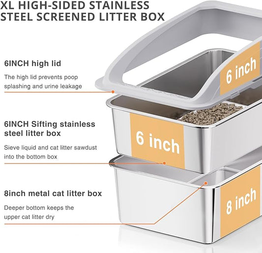 23.6"x15.7"x13.78" Stainless Steel Sifting Litter Box with Lid, XL Sifting Design for Pine Pellets, High Sides Metal Litter Box for Big Cats 7.9in Deep, Easy-to-Clean, Non-Stick