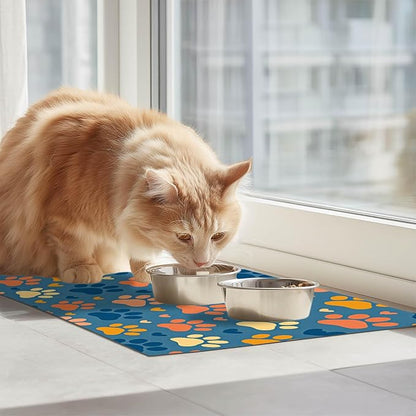 Colorful Dog Paw Print Pet Feeding Mat Spill-Proof Pets Food Mat for Dog Food and Water Bowl Pet Feeding Bowl Mats for Pets Feeding Cute Easy Clean Fast Dry Cats Feedings Pad 24" x 16"