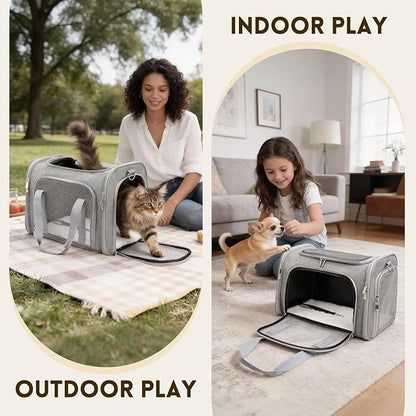 Cat Carrier Soft, Dog Carriers for Small Dogs/Large Cats (Up to 16lbs), with High Breathability, Shoulder Strap, Removable Pad, Pet Carrier Airline Approved, for Home Outdoor Travel (Gray)