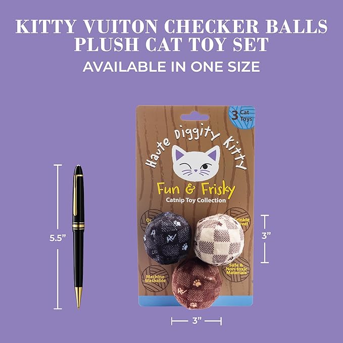 Vuiton Checker Balls Set, Plush Cat Toys Catnip Filled with Interactive Crackle Sound, Safe & Durable Toys for Cat & Kitten, 3 Pcs